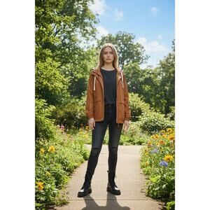 Madewell Packable Hooded Windbreaker Jacket Womens sz L Brown Lightweight Anorak